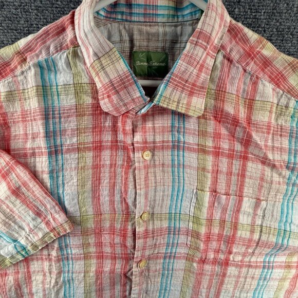 Tommy Bahama Blue Red Plaid Short Sleeve Linen 2XL Pocket Mens Button Up Beach - Picture 1 of 11
